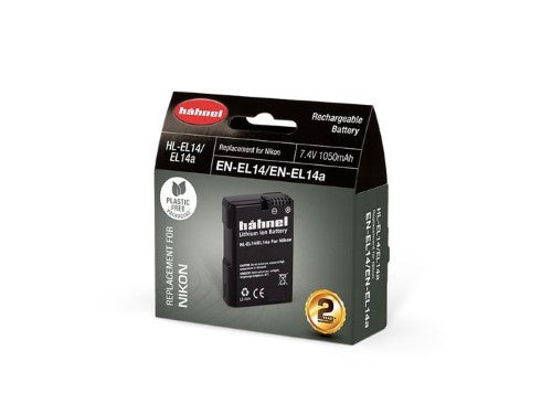 HAHNEL HL-EL14 battery for Nikon, 1050mAh lithium-ion, eco-friendly packaging, reliable performance for extended shooting.