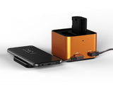 Hahnel PowerCube Wireless Charger: sleek desktop charger for phones and camera batteries with 9V fast charging and anti-slip design.