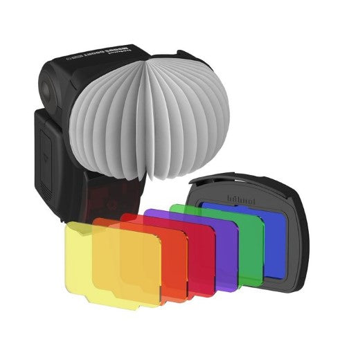 HAHNEL MODULE CREATIVE LANTERN KIT featuring a Lantern Diffuser, 6 color filters, adapter, and storage wallet for enhanced photography.