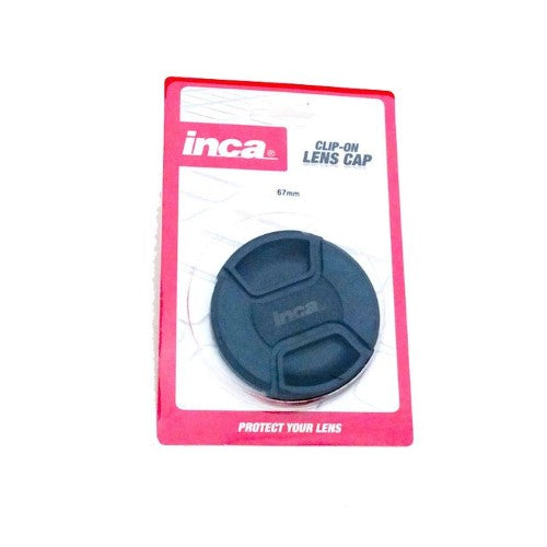 Durable INCA 67MM lens cap clip-on, protects against dust and scratches for DSLR and mirrorless camera lenses.