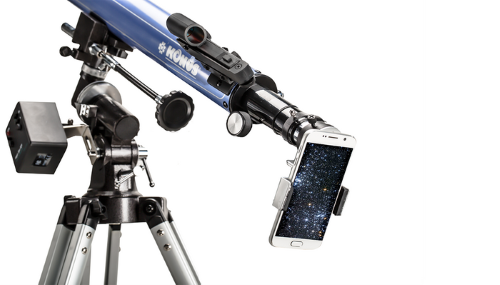 KONUSTART 900B telescope with 60mm aperture, equatorial mount, smartphone adapter, and adjustable tripod for stargazing.