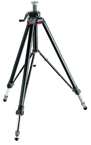MANFROTTO 058B Triaut Camera Tripod in black, featuring individual leg release, rubber feet, and portable design for stability.