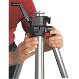 Versatile black camera tripod with automatic leg release, mid-level spreader, and rubber spiked feet for stability.