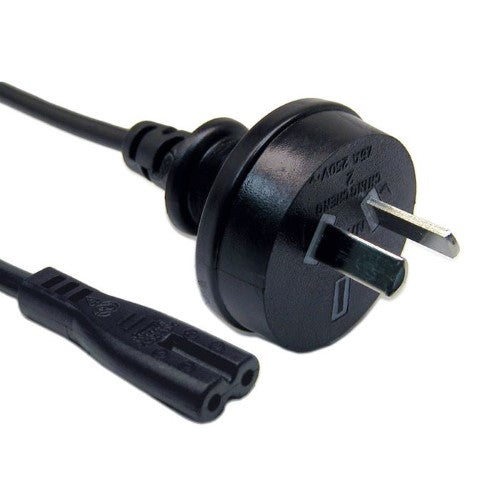 NZ 230V AC Plug Figure 8 2M Cable with black finish, 2-pin plug, supports 7.5A, SAA approved for safe power connectivity.