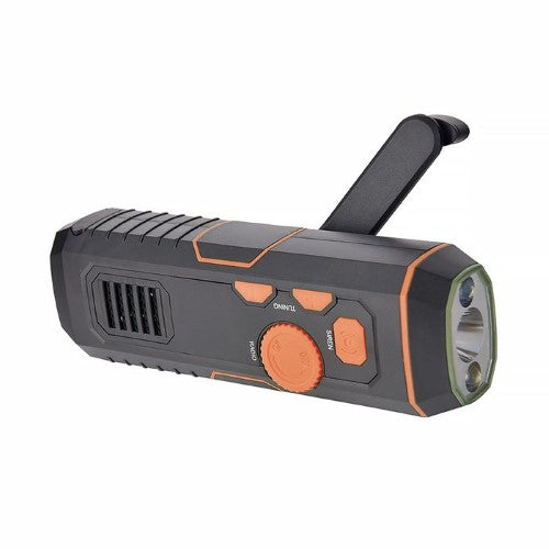 BSAFE Emergency Radio Torch featuring FM radio, hand crank, USB recharge, 30m beam, and emergency siren for safety.