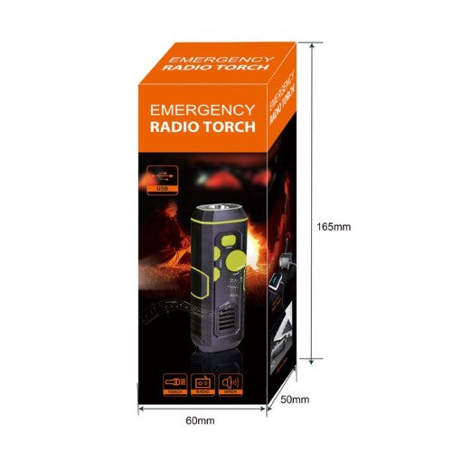BSAFE Emergency Radio Torch with FM radio, hand crank, USB charging, emergency siren, and powerful 30m LED beam.