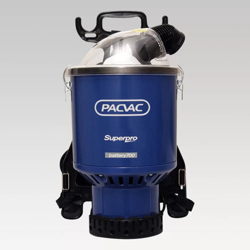 Pac Vac Superpro 700 Battery Vacuum with ergonomic design, 4 lithium-Ion batteries, and HEPA-rated Hypercone filtration.