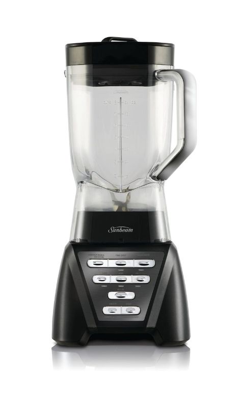 Sleek black Sunbeam Two Way Blender with two-way spinning, 7 functions, 2L Tritan jug, and BPA-free design.