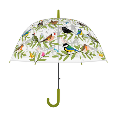 Transparent Bird Club umbrellas with whimsical bird print, automatic open/close, 83 x 82 cm, perfect for stylish rainy day adventures.