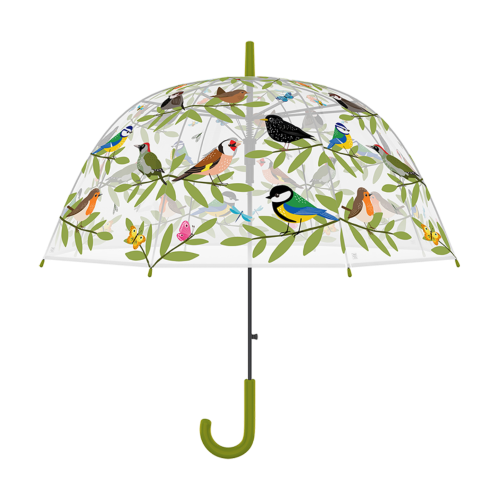 Transparent Bird Club umbrellas with whimsical bird print, automatic open/close, 83 x 82 cm, perfect for stylish rainy day adventures.