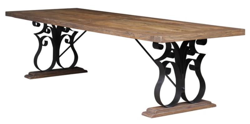 Rustic reclaimed oak dining table with black iron legs, fitting up to 8 diners, combines elegance and sustainable design.