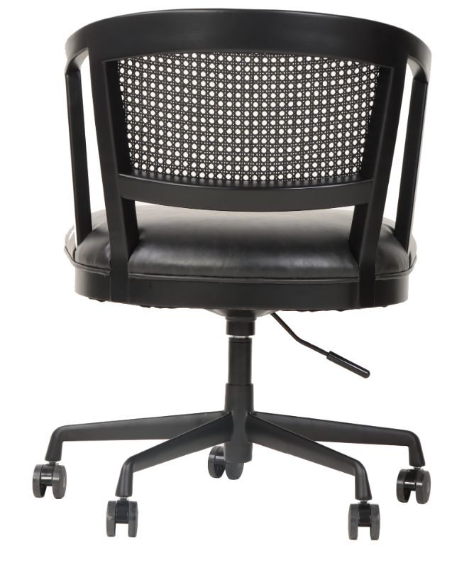 Adjustable office chair with black oak frame, PU ebony seat, rattan back, and aluminum swivel base for ergonomic comfort.