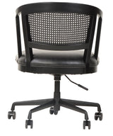 Adjustable office chair with black oak frame, PU ebony seat, rattan back, and aluminum swivel base for ergonomic comfort.