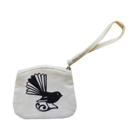 Zipped canvas coin purse featuring a colorful fantail design, dimensions 11cm x 9.5cm.