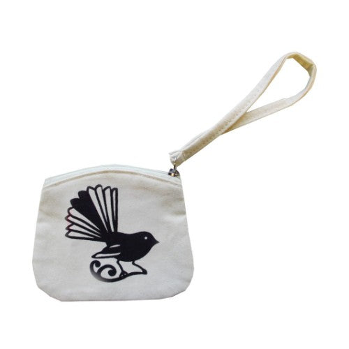 Zipped canvas coin purse featuring a colorful fantail design, dimensions 11cm x 9.5cm.