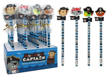 Set of 6 pencils with whimsical animal pirate erasers, perfect for fun writing and creative activities.