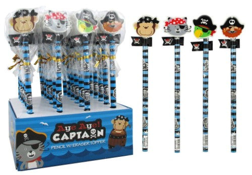 Set of 6 pencils with whimsical animal pirate erasers, perfect for fun writing and creative activities.