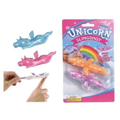 Colorful unicorn sling shots, 10cm size, sold in a set of 6 units for playful fun.