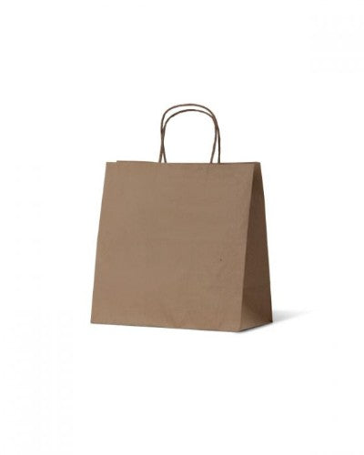 Brown kraft takeaway bags with twist handles, block bottom, and wide gusset for sturdy food packaging, 28 x 28 cm, 250 count.