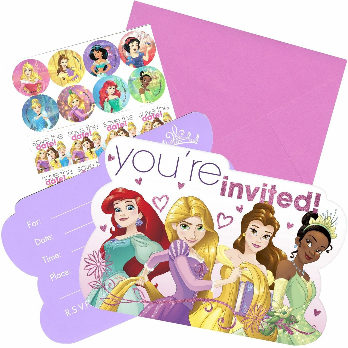 Enchanting Princess Dream Big invitations with envelopes, seals, and stickers, perfect for magical birthday celebrations.