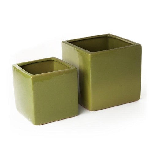 Moss green ceramic cubes, perfect as planters or storage, enhancing modern decor with elegance and style.