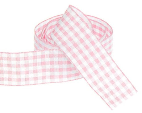 Delicate baby pink gingham ribbon, 25mm wide, 20m long, perfect for crafts, gift wrapping, and special occasions.