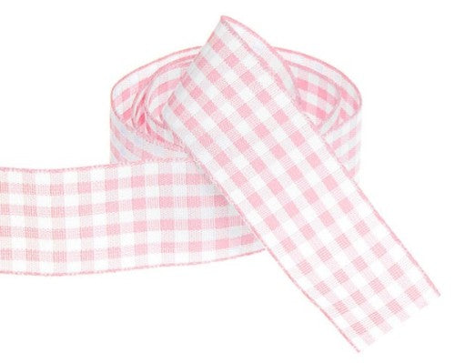 Delicate baby pink gingham ribbon, 25mm wide, 20m long, perfect for crafts, gift wrapping, and special occasions.