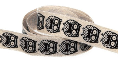 Black Cotton Owl Ribbon, 15mm x 10m, perfect for crafting, gift wrapping, and DIY projects with a whimsical owl design.