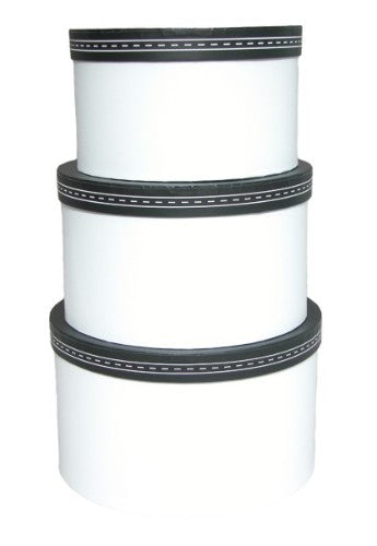 Elegant round gift box set of 3 with black lids and white boxes, perfect for stylish gifting on any occasion.