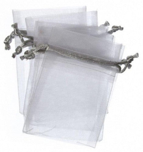 White and silver organza bags pack of 10, perfect for elegant gift presentation and special occasions, measuring 7.5 x 10 cm.