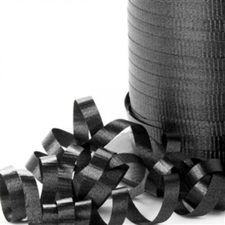 Black curling ribbon, 450m long and 5mm wide, perfect for elegant gift wrapping and creative projects.