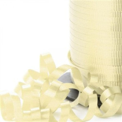 Cream curling ribbon, 450m long and 5mm wide, perfect for elegant gift-wrapping and crafting projects.