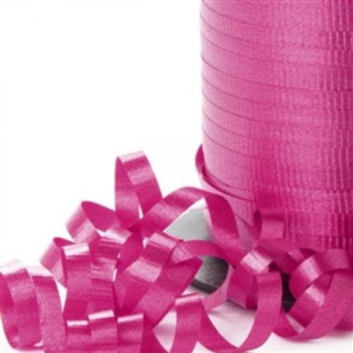 Vibrant hot pink curling ribbon, 450m long and 5mm wide, perfect for gift wrapping and party decorations.