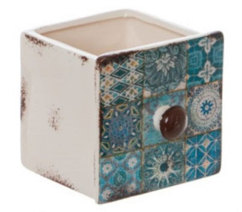 Ceramic pot in antique drawer style, blue color, 13x11x10.5 cm, ideal for plants or stylish storage.