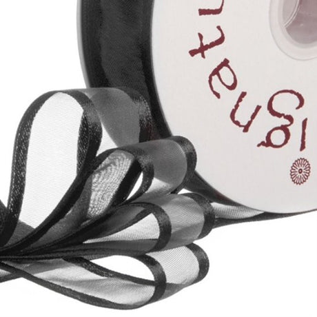 Black organdy ribbon with satin edge, 23mm wide and 20m long, perfect for elegant crafts, gift wrapping, and decorations.