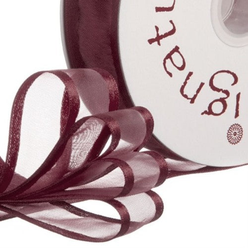 Elegant burgundy Organdy Satin Edge Ribbon, 23mm wide and 20m long, perfect for crafts, decorations, and gift-wrapping.