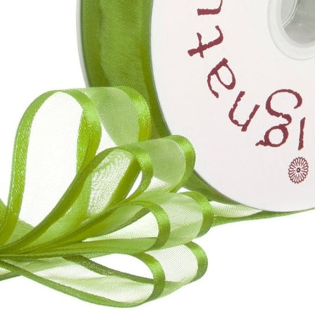 Lime organdy satin edge ribbon, 23mm wide and 20m long, perfect for elegant DIY projects and gift wrapping.