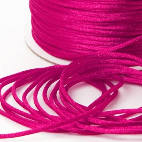 Luxurious hot pink satin ribbon cord, 2mm wide, 100m long, perfect for crafts, gifts, and decorations.