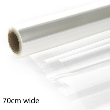 Clear Cellophane Roll 70cm x 30m, ideal for gift wrapping and packaging, durable, eco-friendly, and elegantly transparent.