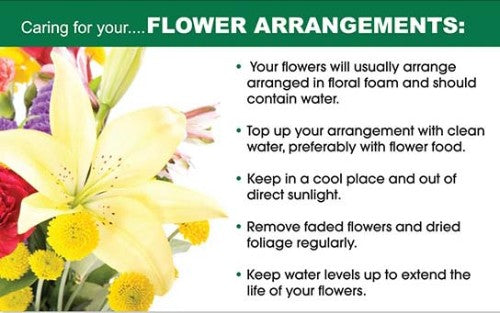Flower Care Cards pack of 50, providing essential care tips for floral arrangements to enhance longevity and beauty.