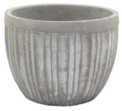 Round grey cement pot with vertical stripes, 16cm diameter, 12.5cm height, ideal for modern plant displays.