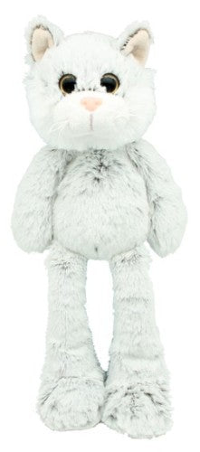 Soft grey plush cat with long legs, 38cm tall, perfect for cuddles, decor, and imaginative play for all ages.