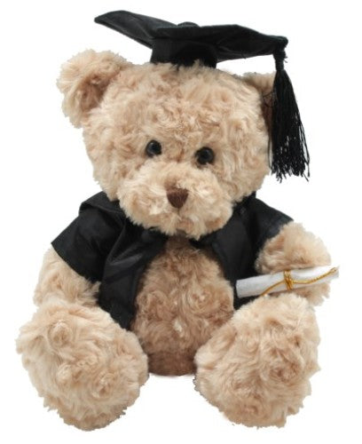 Plush Brainy Box Bear graduation toy, dressed in cap and gown, perfect for celebrating achievements at 30cm tall.