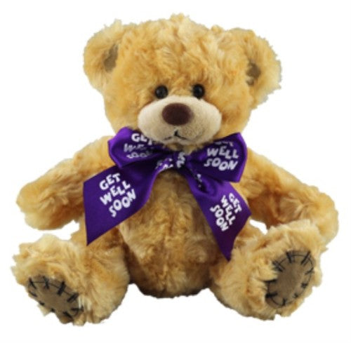 Plush Get Well Soon Bear with printed ribbon, perfect for comforting loved ones during recovery. Measures 19cm.