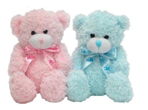 Set of 2 soft toys featuring pink and blue sitting bears, each 20cm tall, perfect for cuddling and imaginative play.