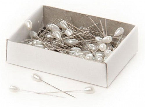 White Pearl Teardrop Head Pins, 5mm diameter and 38mm height, perfect for sewing, quilting, and crafting projects. Pack of 144.