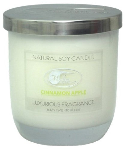 Soy candle jar with metal lid featuring warm cinnamon apple scent, eco-friendly, 36-hour burn time, perfect for cozy atmospheres.