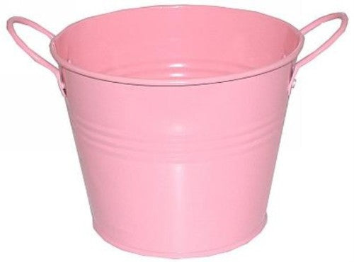 Baby pink metal bucket with two handles, ideal for storage, gardening, or decorative use in home and events.
