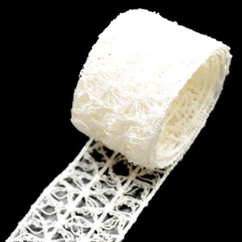 Cream Lurex Lace Ribbon with woven edge, 38mm x 10m, ideal for elegant crafts, decorations, and gift wrapping.