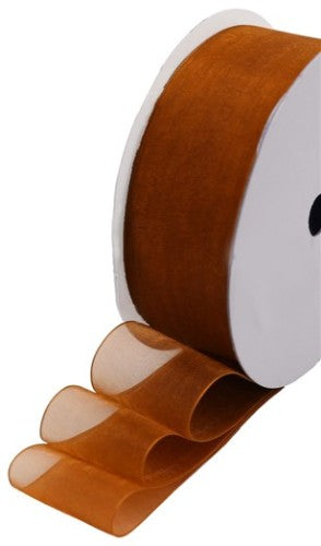 Elegant copper organza ribbon, 40mm wide and 50m long, perfect for crafting, gift wrapping, and decorating special occasions.
